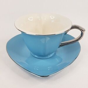 Classic Coffee & Tea‎ Inside Out Heart Shaped Tea Cup + Saucer Blue Silver Rim